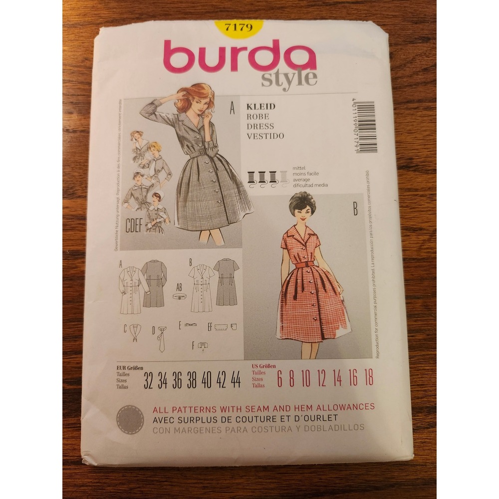 Burda Style 7179 Sewing Pattern Shirt Dress Pleated Skirt Sizes 6-18 Uncut